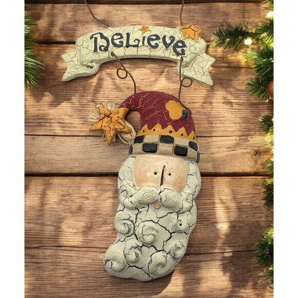 Vintage Santa Claus Believe Christmas Tree Ornament Folk Art Face Rustic - Picture 1 of 6